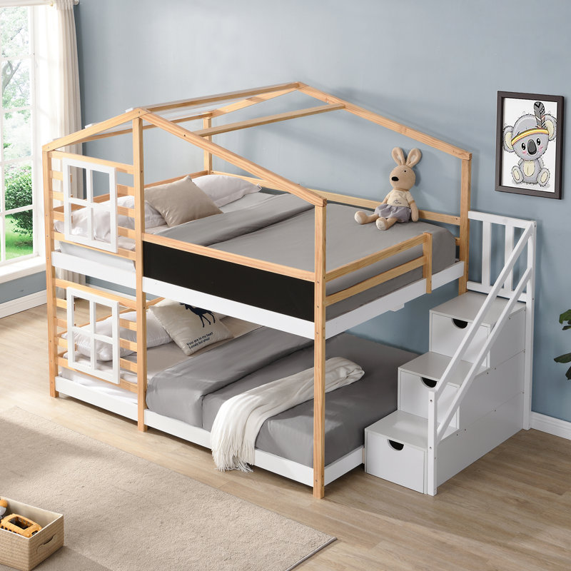Lit superposé double au-dessus de double Cadre de lit de maison avec toit avec conceptions de fenêtre décoratives au fini noir et cadre de lit avec échelle de rangement, cadre de lit