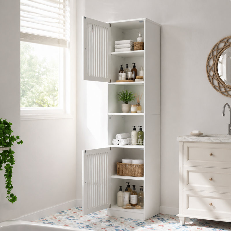 Armoire de rangement autoportante de 64,17 po avec 6 tablettes à 6 niveaux, armoire de rangement pour salle de bain avec 2 portes grillagées et rangement ouvert, panneau de fibres à densité moyenne, blanc