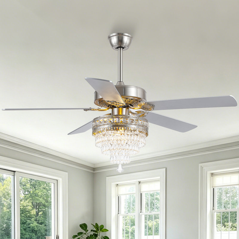 52"/62"/72“ Crystal Ceiling Fan Fandelier With Lights And Remote Control,6-Speed Reversible Quiet DC Motor , Nickel, 52"