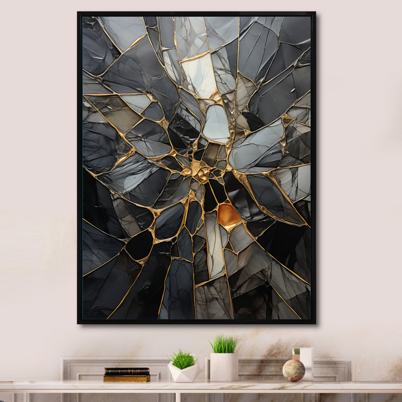 «Geometric Glam Contemporary», art mural abstrait géométrique, H 32 po x l 16 po x P 1 po, Cadre flottant noir