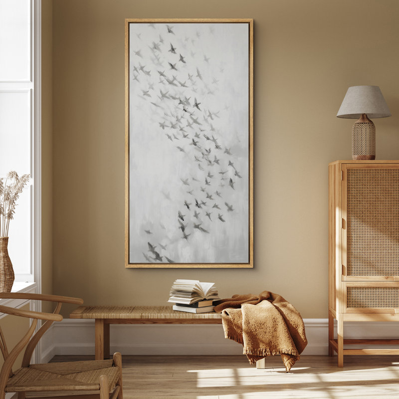Abstrait vol d'oiseau dans des tons de gris doux - grande impression sur toile encadrée de la chambre principale, Naturel