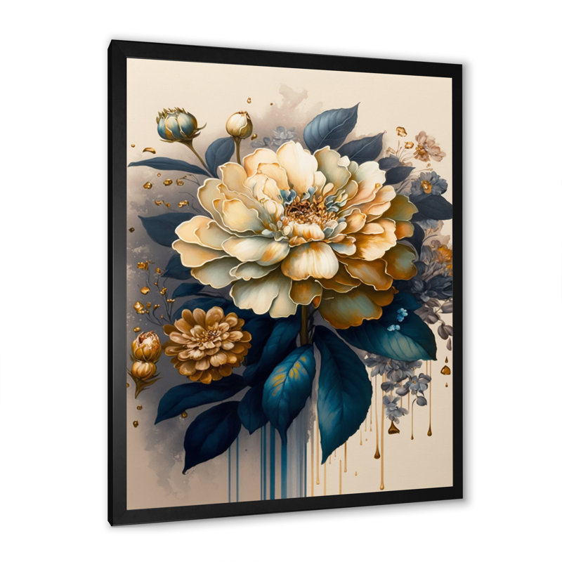 Jaune profond et fleurs de zinnia bleues II - Impression sur toile, H 20 po x l 12 po x P 1 po