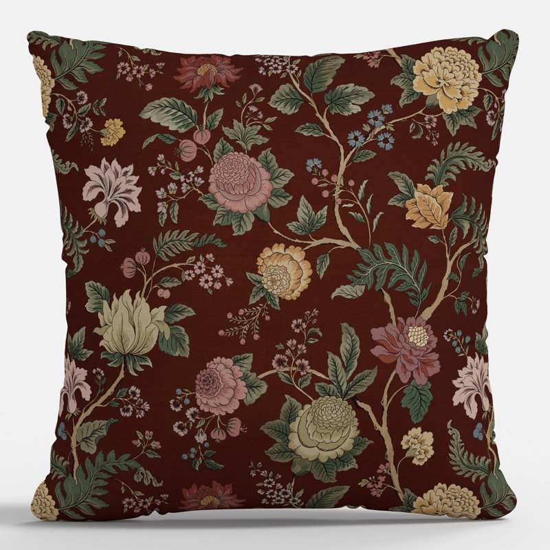 Coussin décoratif d'intérieur à motif floral Melinda, Motif floral rouge, Carré 20 po