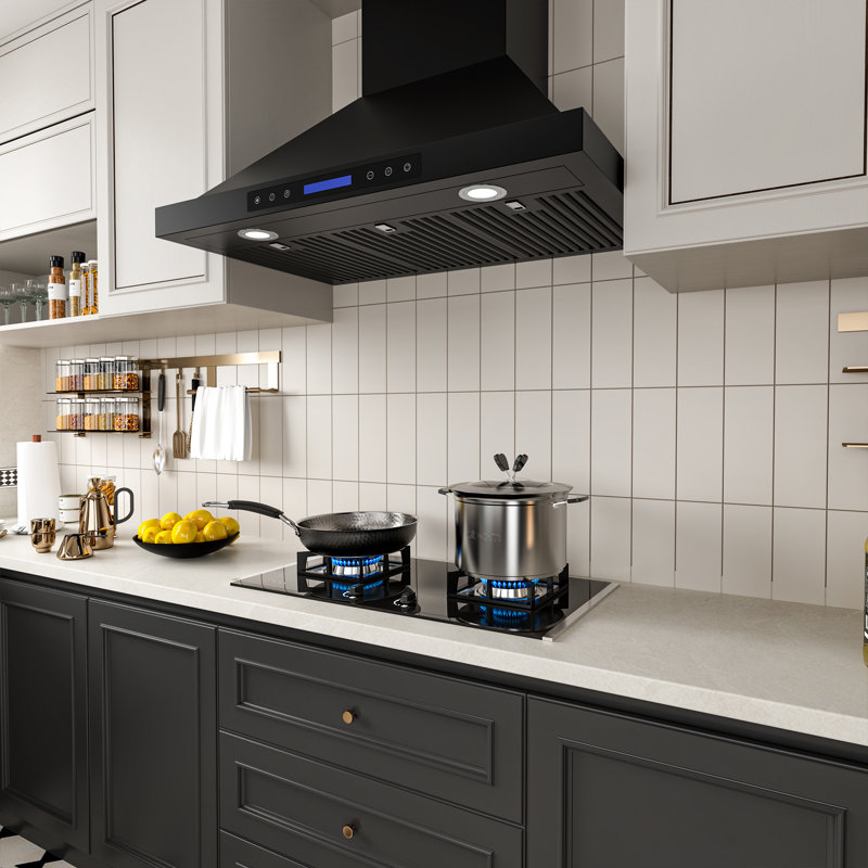 36 inch 900 CFM Convertible Wall Mount Range Hood 4 Speed Quiet Black Stainless Steel Remote and Touch Panel Control with LED Lights