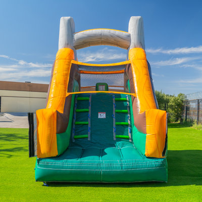 Herokiddo T-Rex Adventure 12’ Tall Dual Lane Backload Inflatable Water Slide With Attached Pool, Dinosaur Theme, For Kids And Adults, Commercial Grade PVC Vinyl, Outdoor Backyard Fun, Blow Up Water Park (Blower Included)