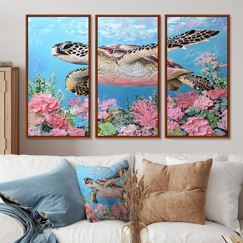 Tortue dans le récif de corail II - Ensemble de décoration murale tortue, Brun, H 32 po x l 48 po