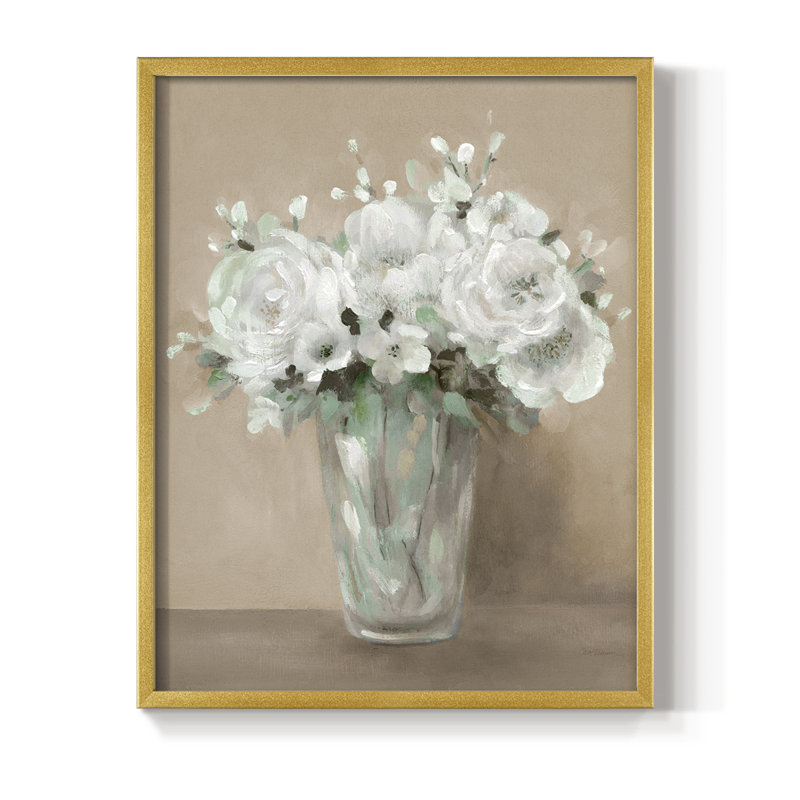 White Blooms Framed Print - Solid Wood, 15" H x 12" W, Gold
