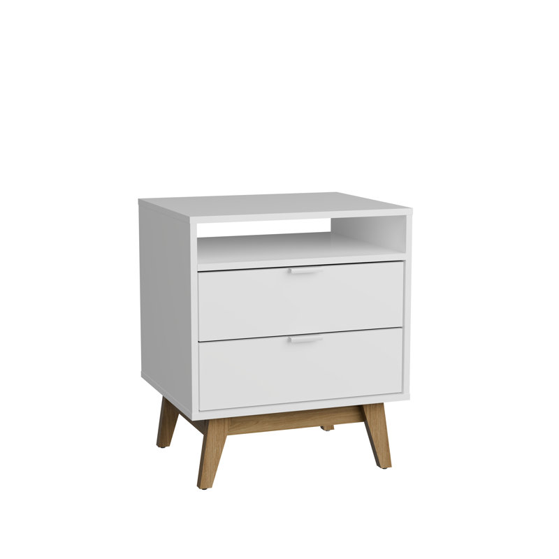 Clea Modern 2-Drawer Nightstand w/ Open Shelf - Bedside Table W.20.78', White/Light Brown