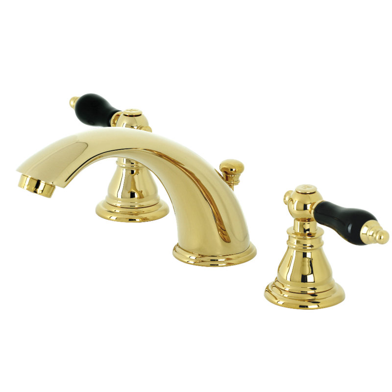 Kingston Brass Duchess Two-Handle 3-Hole Deck Mount Widespread Bathroom Faucet with Retail Pop-Up Drain, Polished Brass
