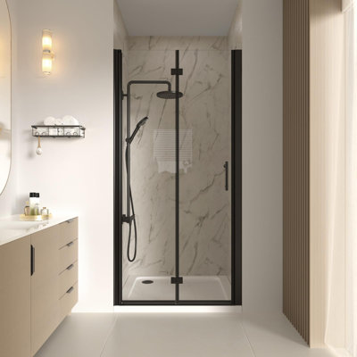 34-35 3/8'' W X 72''H Frameless Bifold Shower Door With 1/4" (6mm) Clear SGCC Tempered Glass, Pivot Swing Shower Glass Door in Matte Black Finish