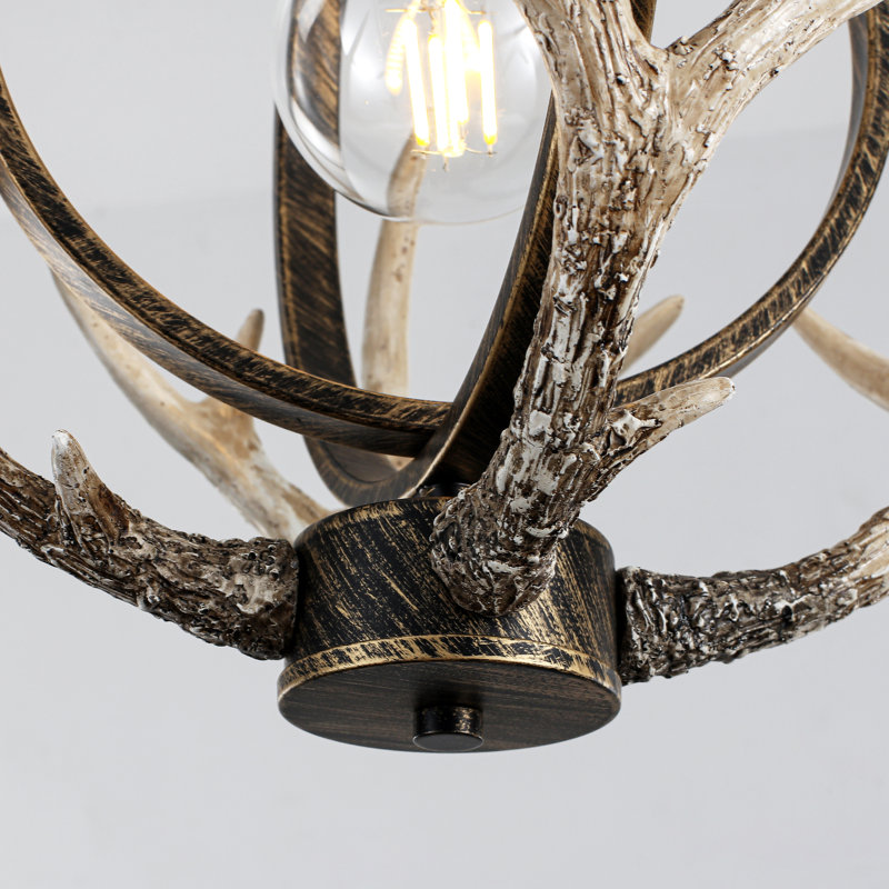 1- Light 13'' Dimmable Retro Metal Globe Rustic Farmhouse Chandelier With Resin 4 Antlers Vintage Style For Dining Room, Kitchen, Entryway, Living Room