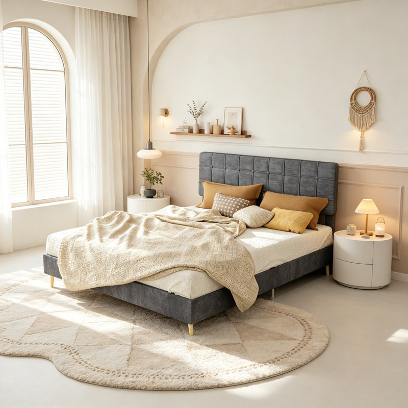 Structure de lit plateforme tapissier avec tête de lit, structure de lit plateforme à profil bas avec support en lattes de bois, aucun sommier nécessaire, gris, grand