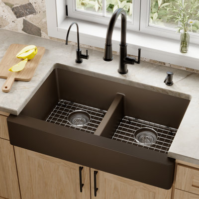 Karran Quartz 34'' X 21-1/4'' Double Bowl 50/50 Retrofit Farmhouse/Apron Front Kitchen Sink Kit