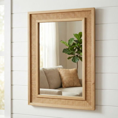 Rustic Rattan & Solid Wood Rectangular Wall Mirror