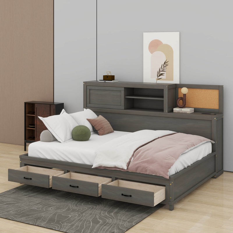 Lit de jour en bois pleine grandeur avec tiroirs de rangement, tablette souple supérieure, tablette et ensemble de prises et ports USB