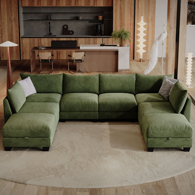124 '' U-shaped Sectional Sofa, 8-Seater Modular Couch, Comfy Living Room Cushion Cloud Couch with Ottoman, Green Linen Blend