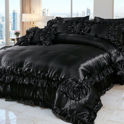 8 Pieces Black Satin Comforter Set King Size with Sheet Set Luxurious Soft and Silky Comforter Set Farmhouse Style Black Rufle Fringe Design Boho Comforter Silk Like Satin Bedding Set