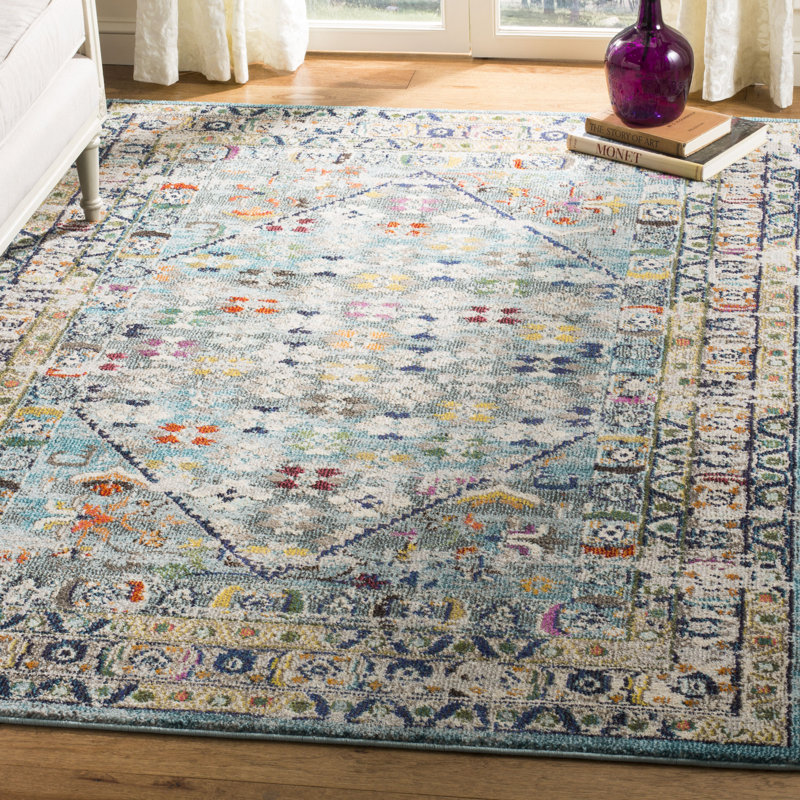 Tapis oriental bleu / gris clair Hertzler, Rectangle 5 pi 1 po x 7 pi 7 po