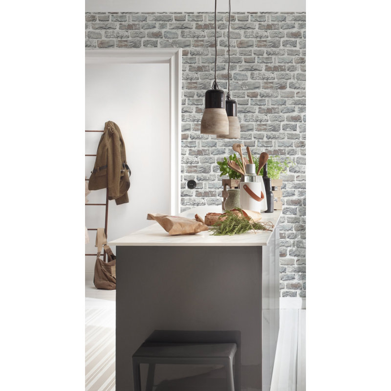 Bricks and More Collection Stone Brick Wallpaper Roll, Gray