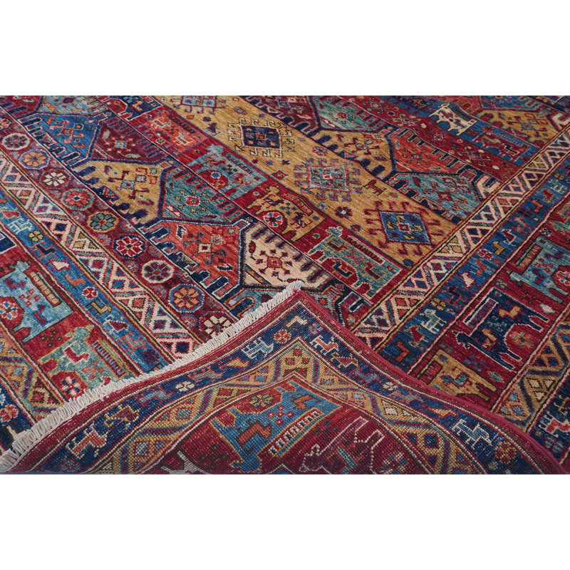 Tapis rouge et multicolore de haute qualité noué à la main