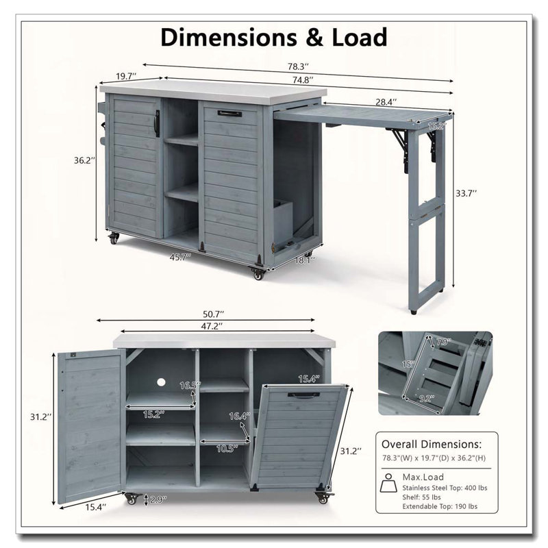 78.3" Outdoor Kitchen Island with Foldable Grill Table and Hidden Trash Cabinet, Gray/Blue