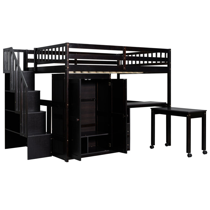Lit mezzanine avec escalier, bibliothèque, tiroirs, bureau et garde-robe pour et pour les adolescents - Pleine grandeur dans un luminaire d'espace