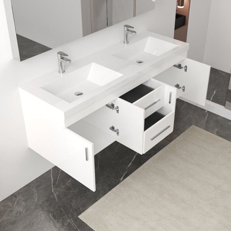 Ensemble de meuble-lavabo mural double 60 po avec surface solide Avalia, Blanc