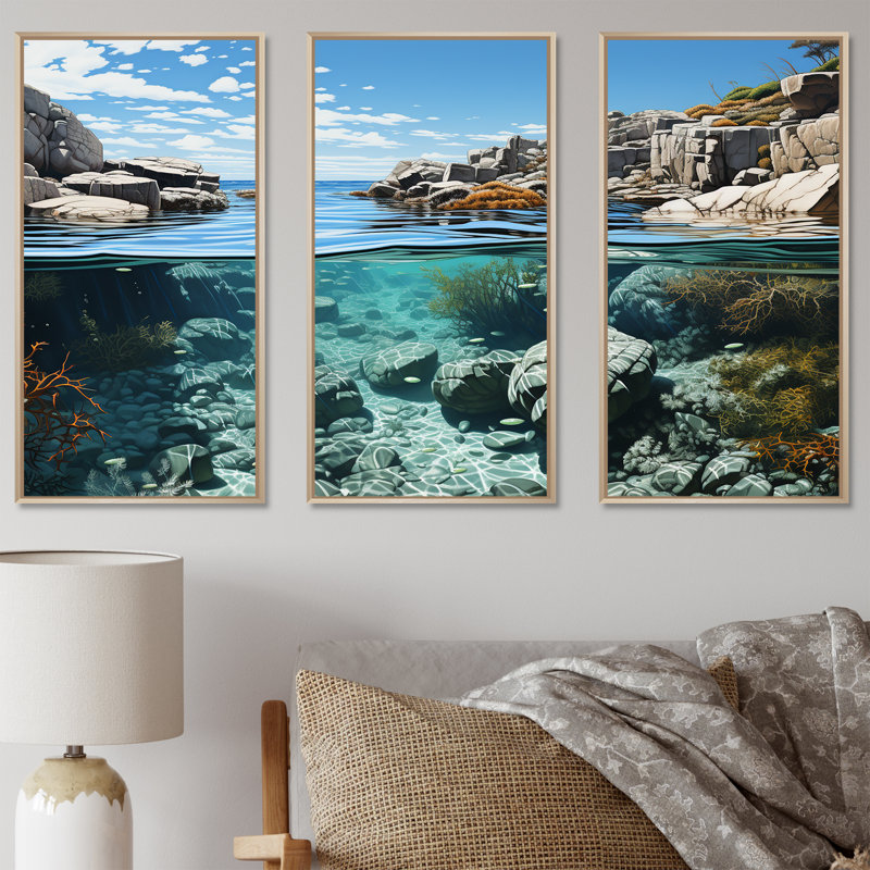 Ensemble de salon d'art mural Wild Coast Beachscape Landscape II, Cadre naturel flottant, H 40 po x l 60 po x P 1 po