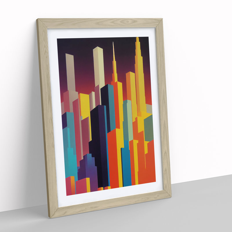 Breathtaking City Skyline Abstract - Wall Art, 48cm H x 36cm W, Oak Framed, White