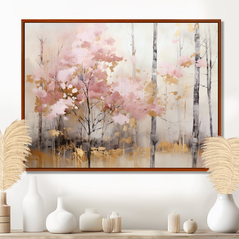 «Minimalisme rose et forêt dorée», reproduction sur toile, H 16 po x l 32 po x P 1 po, Cadre flottant brun