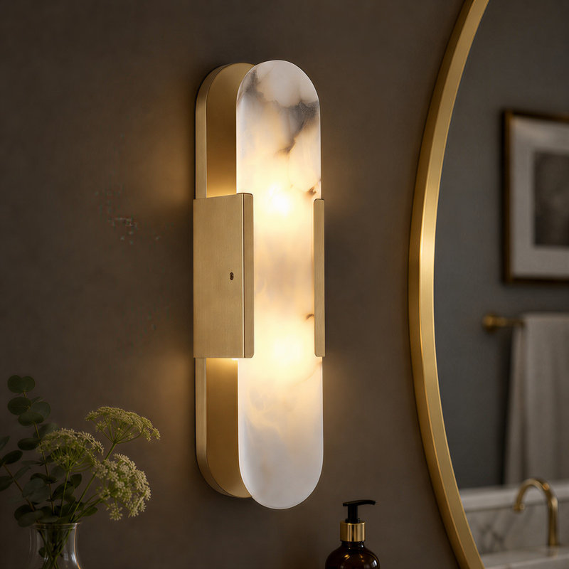 20" Dimmable Flush Mounted Wall Sconce with Alabaster Shade (Bulbs Included), Brass