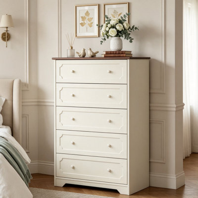 Commode haute à 5 tiroirs avec plateau en placage de bois véritable, tiroirs à glissement lisse et finition crème, armoire de rangement de style campagne moderne pour chambre à coucher et salon - corps beige clair avec plateau brun foncé