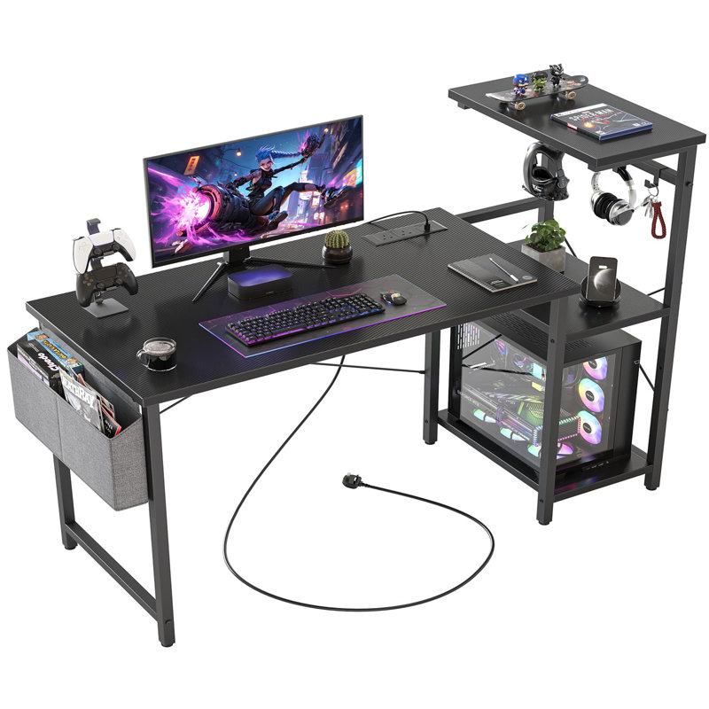 Metal Base Computer Desk with Power Outlet, Black