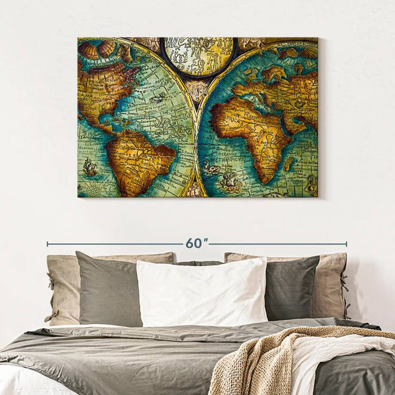 Carte du vieux monde sur toile, H 32 po x l 48 po x P 1,25 po