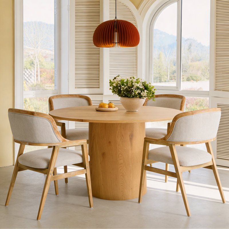 Benedict Mid-Century Modern Curved Upholstered Dining Chairs with Rubberwood Legs, Beige Cushion/Natural Frame