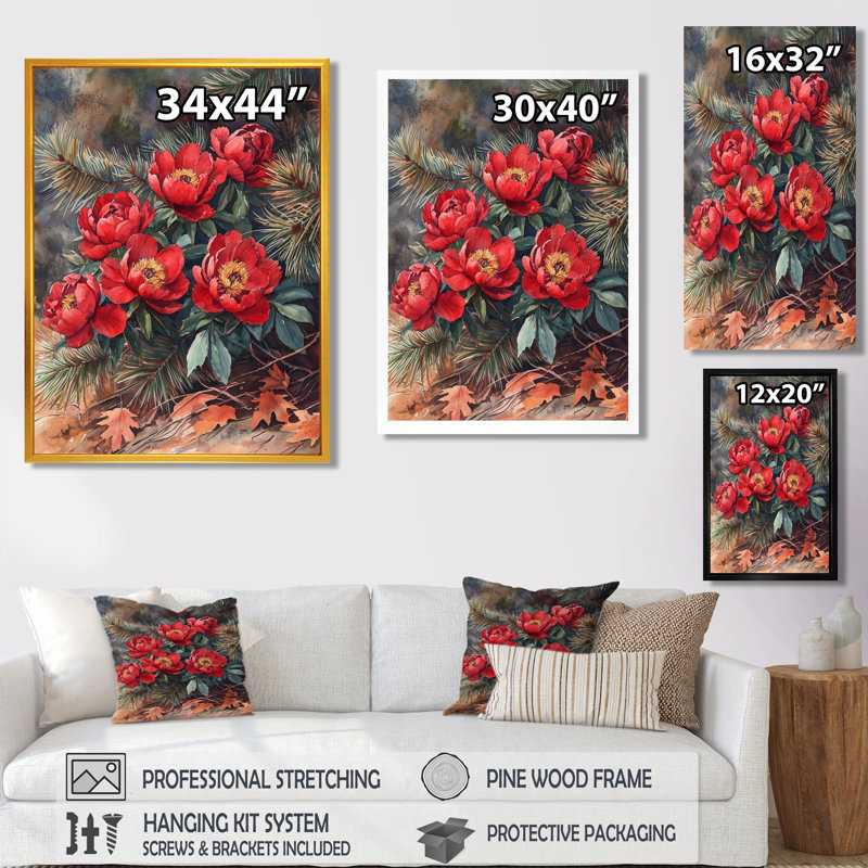 Pe pivoines parmi les pins d'automne III - pivoines, reproduction sur toile encadrée, H 20 po x l 12 po, Noir