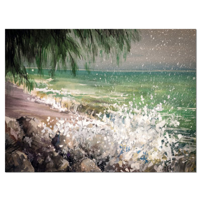 Reproduction d’art sur toile tendue, "rocky mer avec des ondes blanches, large mer shore"