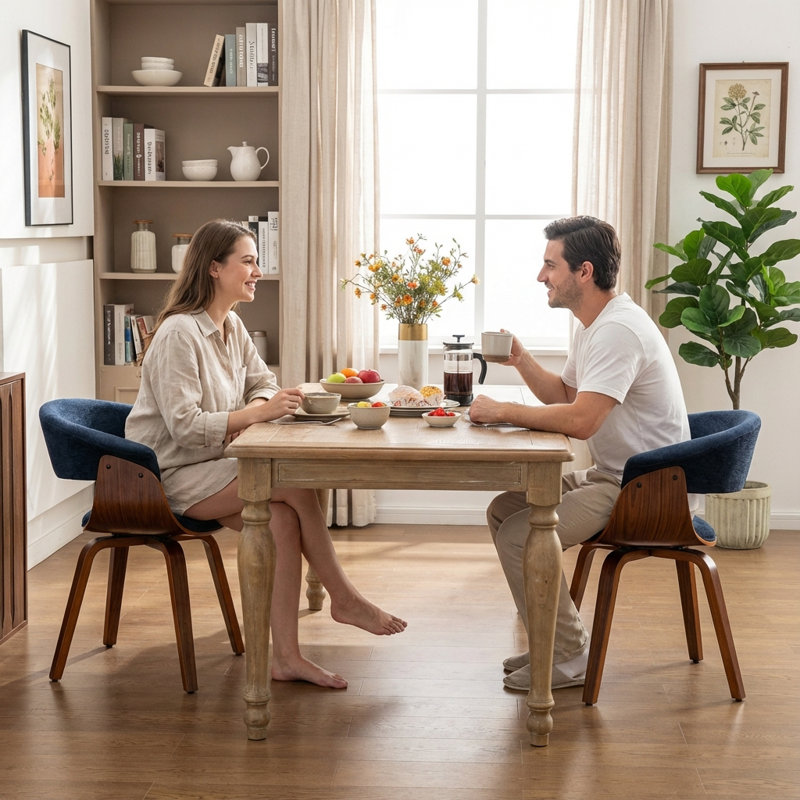 Modern Upholstered Dining Chairs, Blue Fabric With Wooden Legs, Soft Padded Seat And Back, Scandinavian Kitchen And Dining Room Side Chairs​​