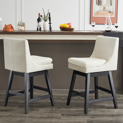 Upholstered Swivel Bar Stools Set Of 2, Modern Linen Fabric High Back Counter Chairs With Ergonomic Design, Wood Frame & Adjustable Foot Pad For Kitchen Island, Home Bar, Dining Counter
