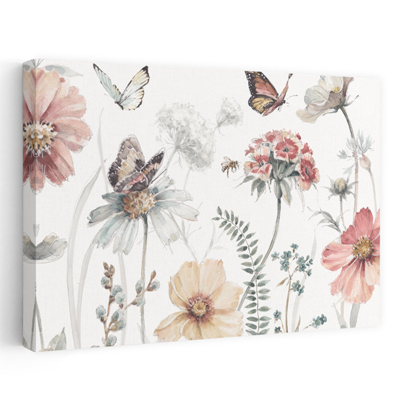 «A Country Weekend I Crop - Bees Butterflies Cosmos Ferns Art», H 32 po x l 48 po
