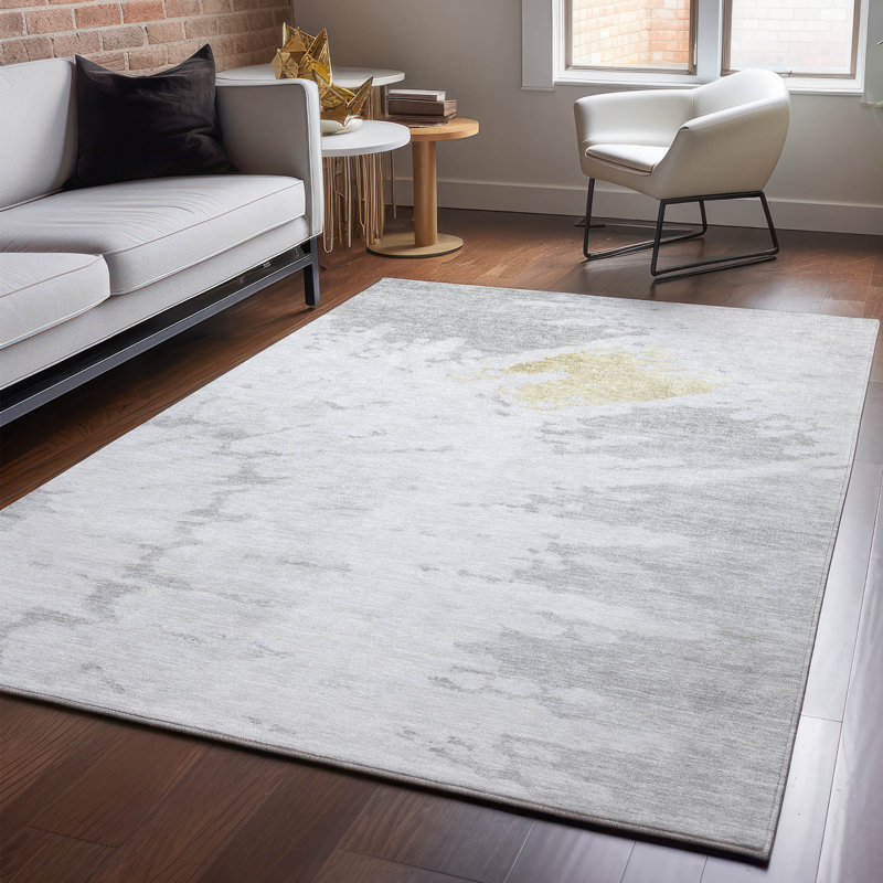 Tapis argent Cerrito lavable à la machine de qualité supérieure, Rectangulaire 3 pi x 5 pi
