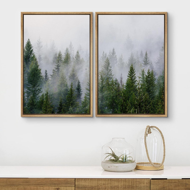 «Morning Mist Green Pine Tree Forest Nature Landscape», impression sur toile, 2 pièces, Reproduction avec cadre flottant