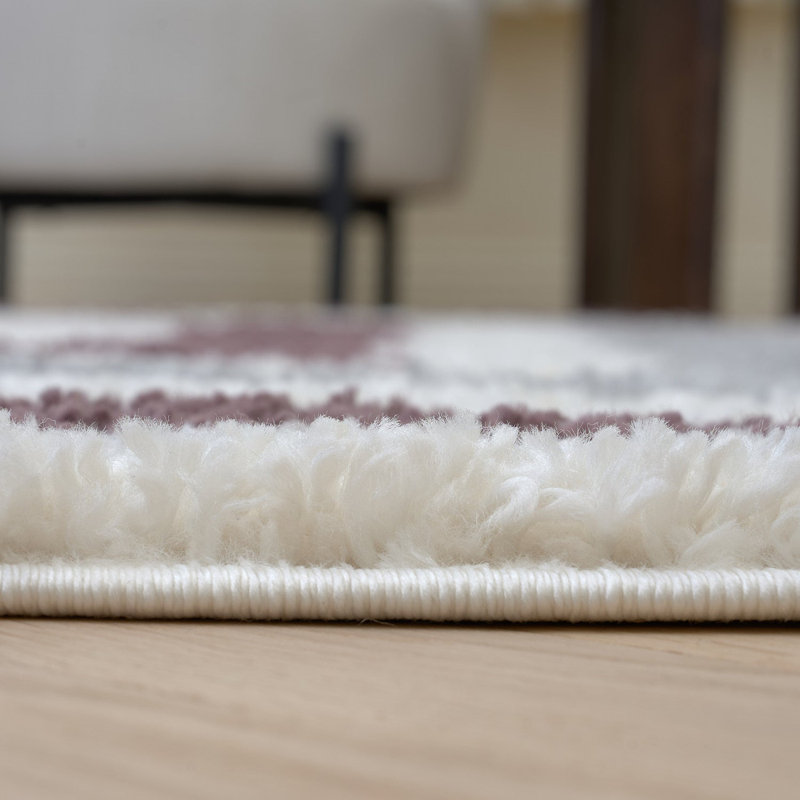 Moodi Modern Shaggy Area Rug Geometric Border Design, Round 120 cm, Off-White Grey/Purple