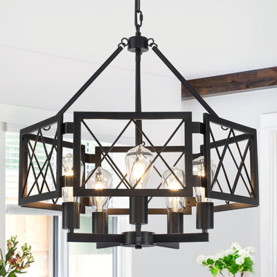 Lustre de style campagne moderne avec design géométrique, luminaire suspendu noir à 5 lumières pour salle à manger, îlot de cuisine, hall d'entrée, escalier, hauteur réglable, homologué UL