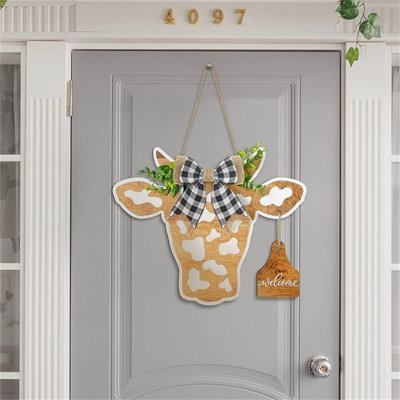 Tête de vache, couronne, porte, signe, bienvenue, porte avant, ferme, printemps, veau, porche, décor, cadeaux, vache, Buffalo, plaid, arc, feuilles artificielles, accueil, décorations pour le mur du restaurant