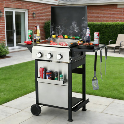 3 Burner Propane Gas Grill SS Plancha 36900BTU Wire Enamel Cooking Grids
