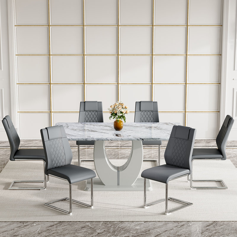 63'' Wooden Dining Table Set, Rectangle Gray Dining Table Set for 4/6 with Leather Chairs, 7, Dark Gray