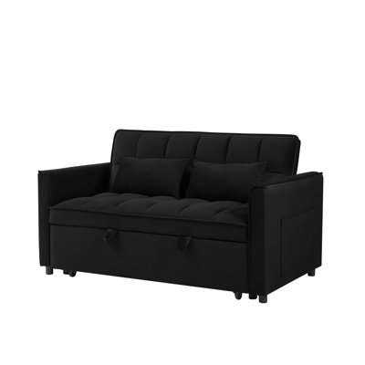 55" Velvet Convertible Sofa Bed with Adjustable Back & Storage - Modern Black Futon for Small Spaces