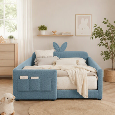 Upholstered Platform Bed with Cute Rabbit Ear Shaped Headboard,with Safety Rail and Pocket,Boucle Fabric