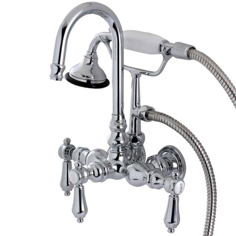 Kingston Brass Heirloom Three-Handle 2-Hole Tub Wall Mount Clawfoot Tub Faucet with Hand Shower, Polished Chrome
